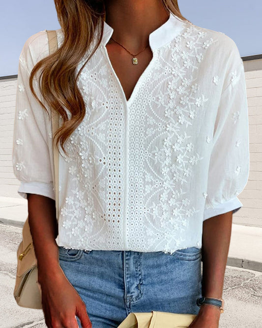 Tamsin | V-Neck Blouse with Puff Sleeves and Elegant Lace Accents
